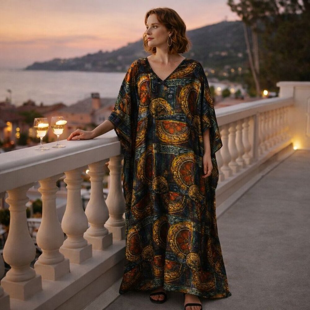 Vintage Winlar Dramatic Medallion Kaftan Maxi Dress — One Size